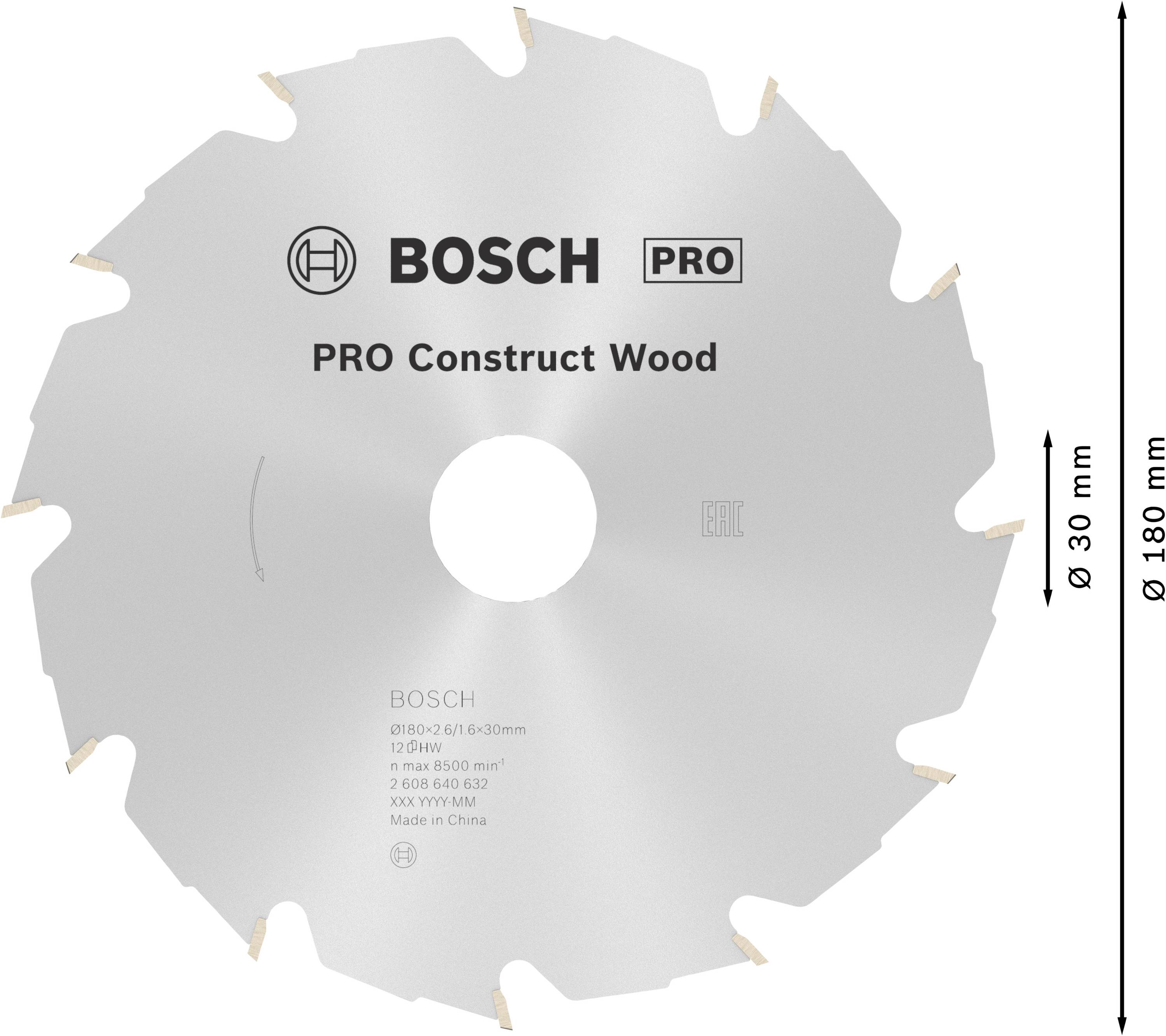 Lame de scie avec l'inscription 'Bosch PRO Construct Wood'. Indications de diamètre : 30 mm intérieur, 180 mm extérieur. Convient pour le travail du bois.