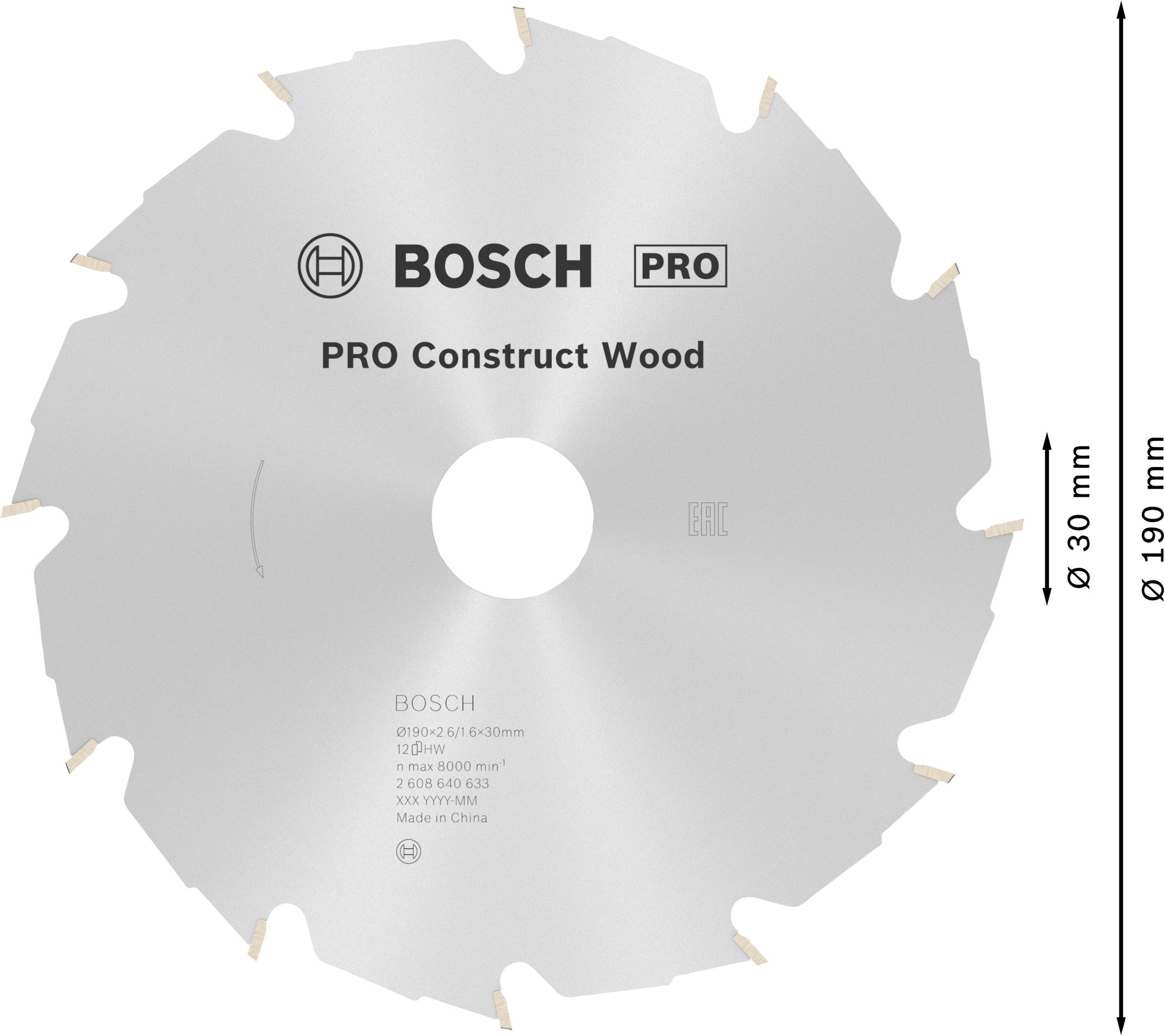 Lame de scie en métal avec l'inscription 'Bosch Pro Construct Wood', diamètre de 190 mm, adaptée pour les travaux du bois.