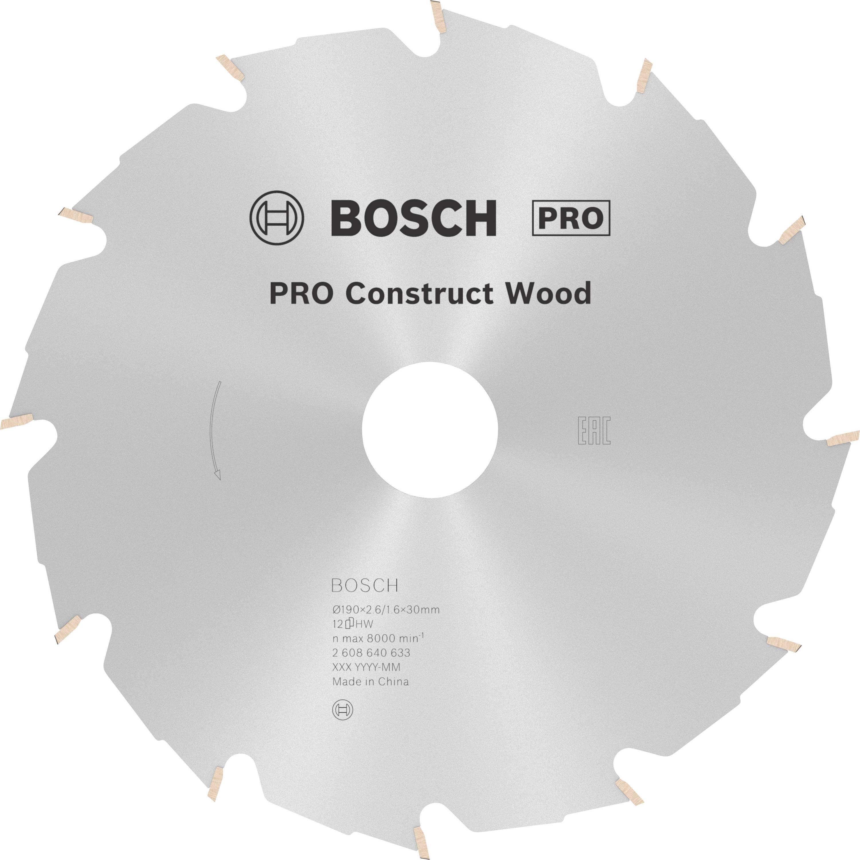 Lame de scie circulaire portant le nom de marque et le texte 'PRO Construct Wood', adaptée pour le bois, avec le diamètre et les détails techniques illustrés.
