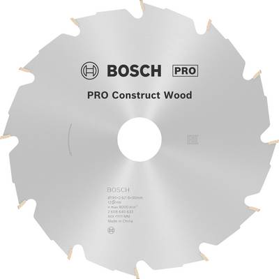 Lame de scie circulaire portant le nom de marque et le texte 'PRO Construct Wood', adaptée pour le bois, avec le diamètre et les détails techniques illustrés.