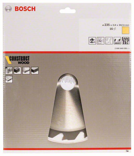 Emballage d'une lame de scie circulaire Bosch pour bois de construction, dimensions 235 x 2,8 x 30/25 mm, modèle 16t.