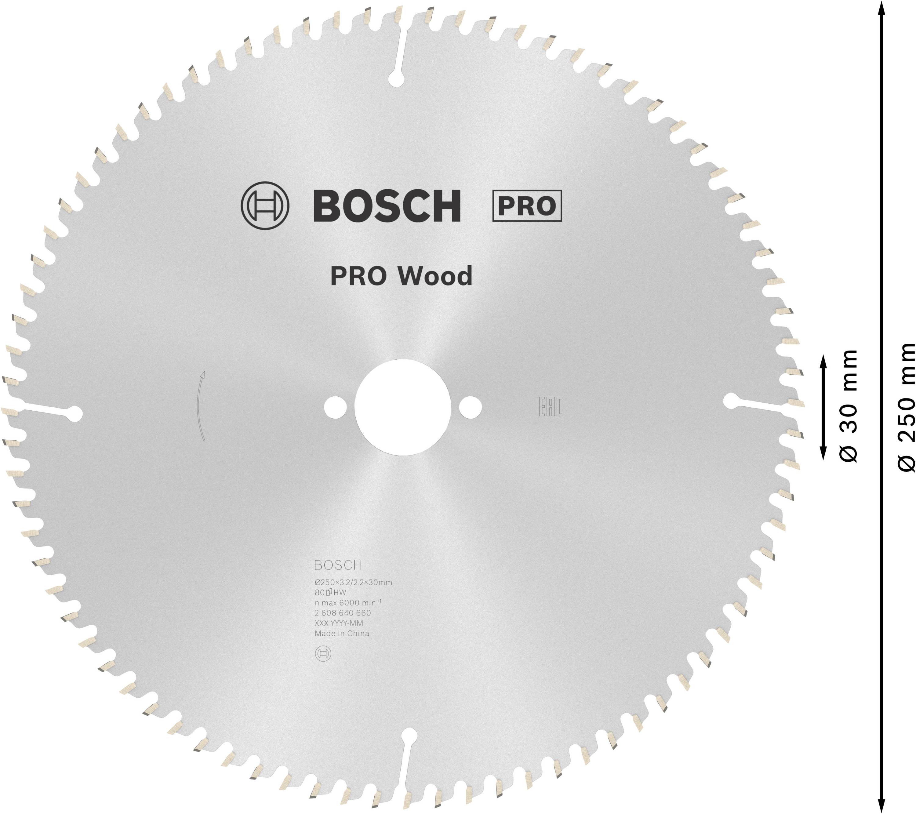Lame de scie circulaire avec 80 dents pour la coupe professionnelle du bois, diamètre 250 mm, alésage 30 mm, marque Bosch Pro Wood.