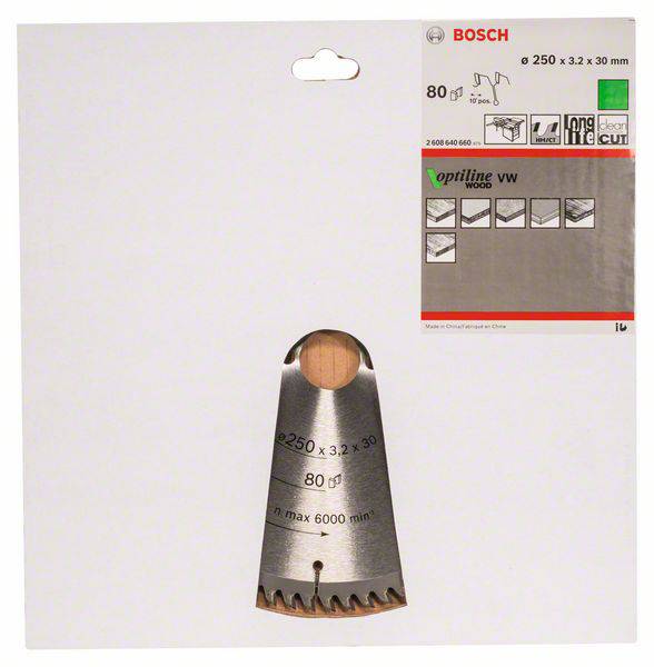 Emballage d'une lame de scie Bosch pour bois aux dimensions Ø 250 x 3,2 x 30 mm. Contient des graphiques, des fiches techniques et des logos.