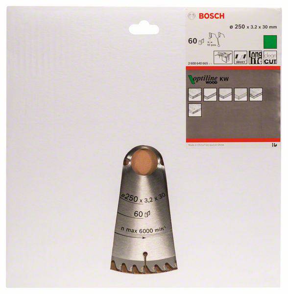 Emballage d'une lame de scie circulaire Bosch 'Optiline Wood', 250 x 3,2 x 30 mm, adaptée aux travaux sur bois ; illustration des différents types de coupes.