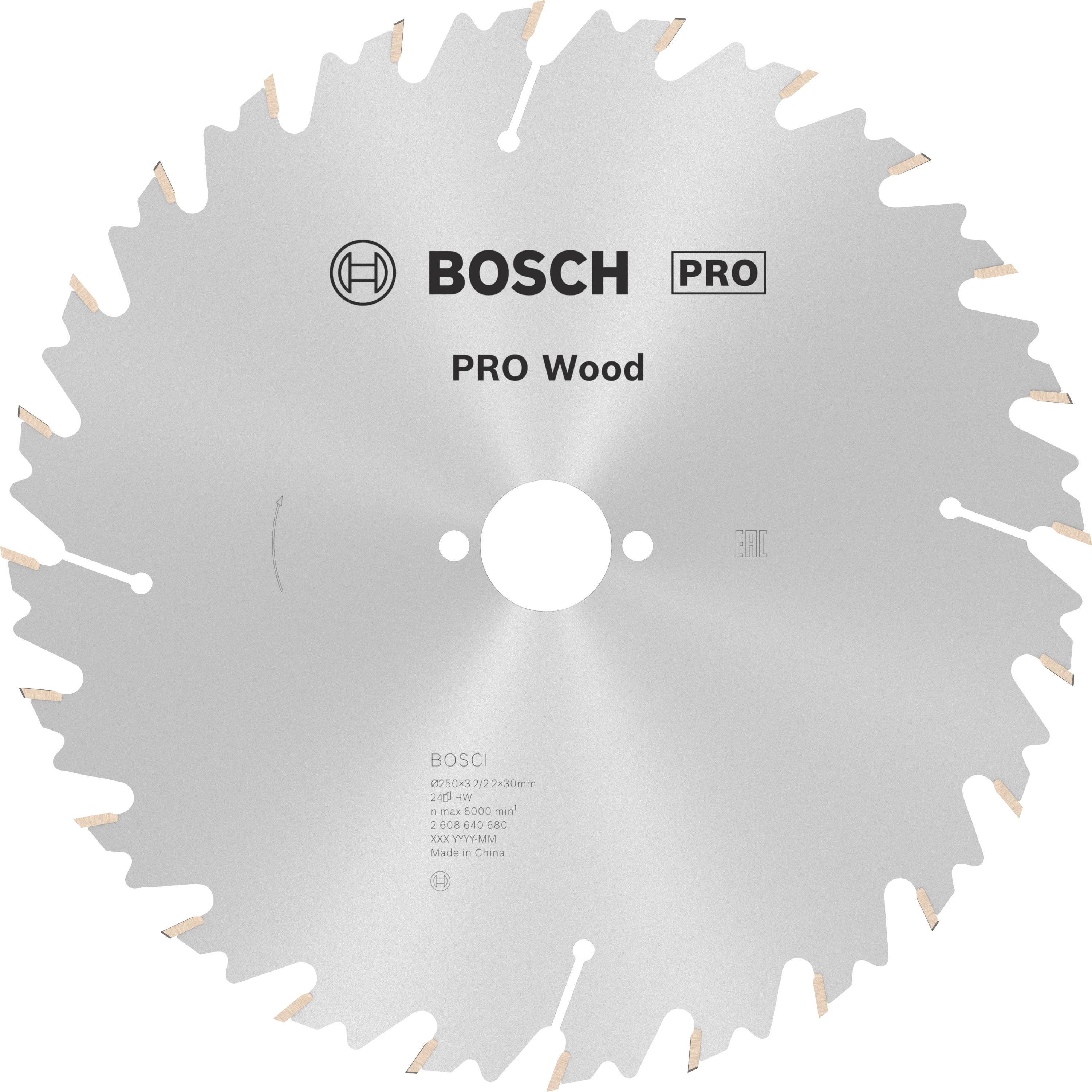 Lame de scie circulaire portant l'inscription 'BOSCH PRO Wood', adaptée à la transformation du bois, de couleur argent avec des dents sur le pourtour, diamètre : 250 mm.