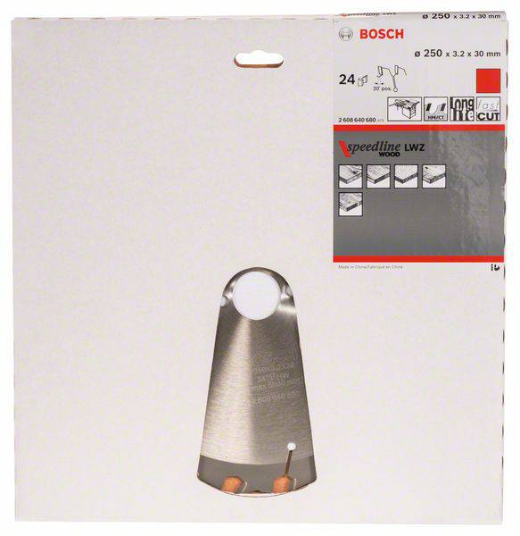'Emballage d'une lame de scie à bois Bosch Speedline LWZ avec détails du produit tels que dimensions, nombre de dents et utilisation du bois.'