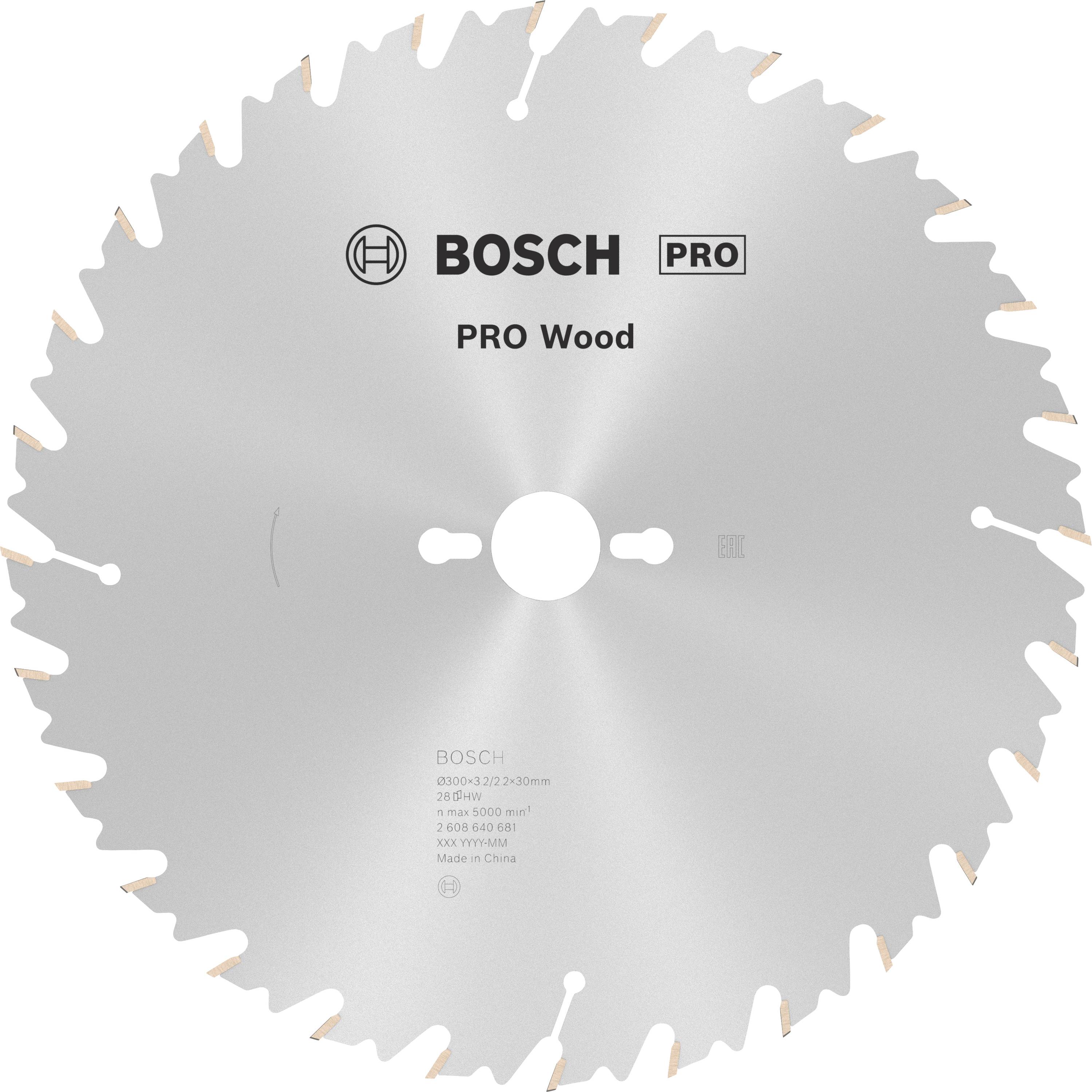 Lame de scie circulaire Bosch, marquée 'Pro Wood'. Lame ronde argentée, présentée sur un fond blanc.