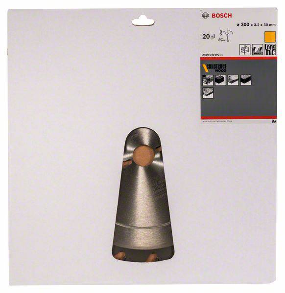 Emballage d'un ensemble de lames de scie Bosch pour bois, 300 x 3,2 x 30 mm. Présente trois lames avec des étiquettes pour différents types de bois.