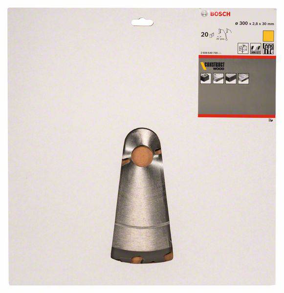Emballage d'une lame de scie Bosch, diamètre de 300 mm. Idéale pour le travail du bois. Présente l'image du produit et les détails de la marque.