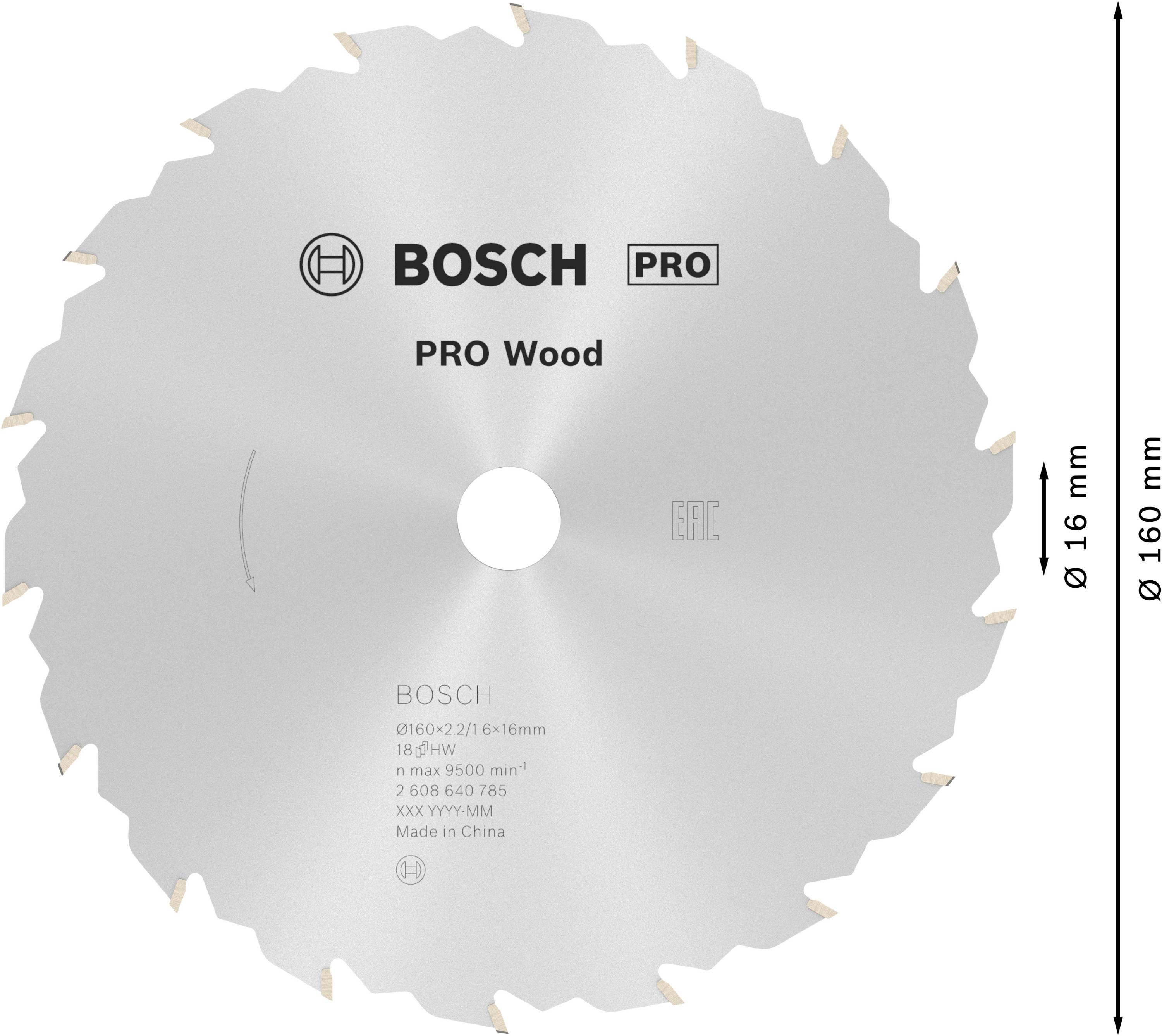 Lame de scie 'Bosch PRO Wood', argentée, diamètre 160 mm, adaptée aux travaux sur bois.