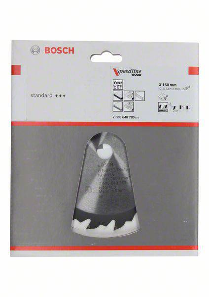 Un emballage pour une lame de scie Bosch, adaptée au bois, d'un diamètre de 160 mm. Contient des détails sur la vitesse et la qualité.
