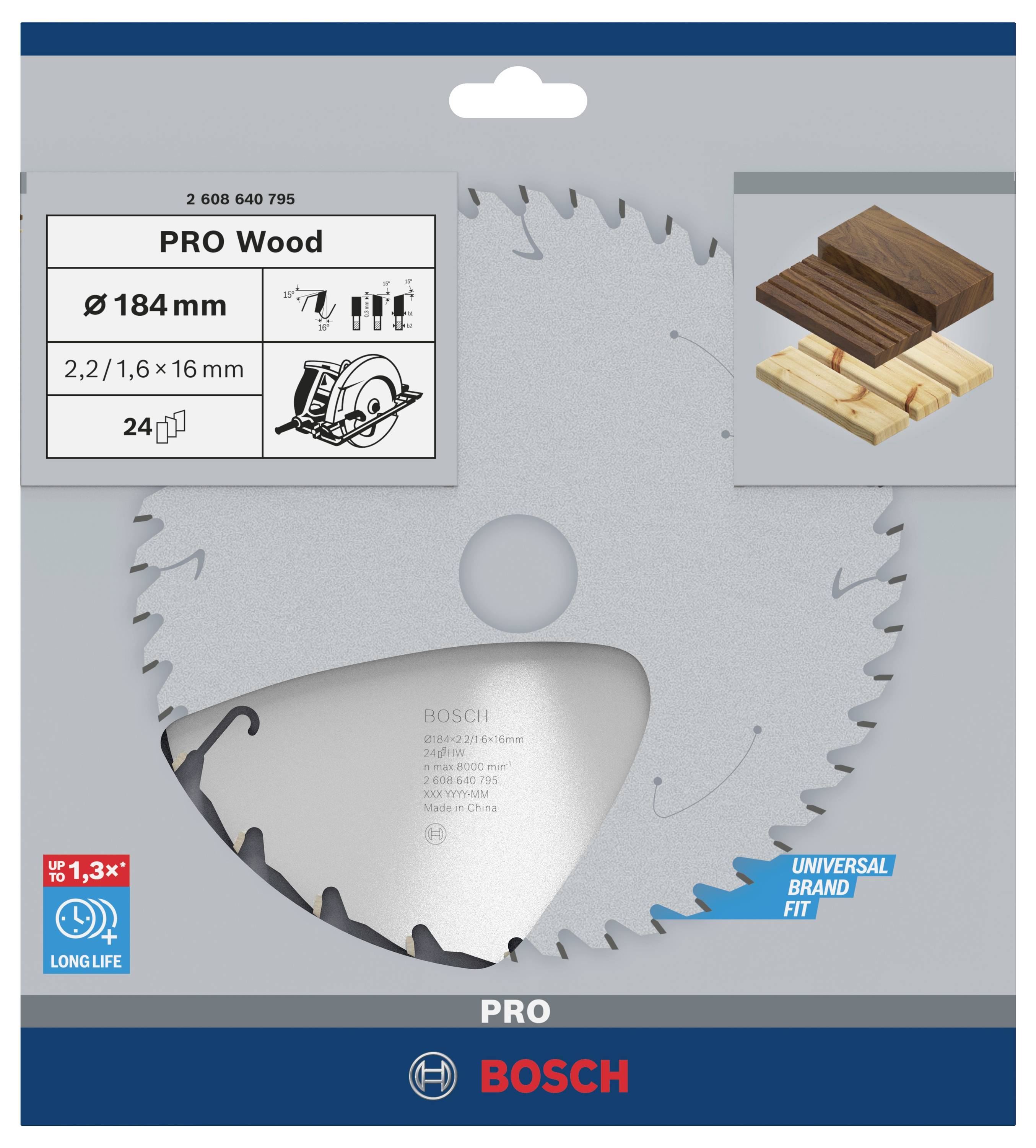 Un emballage de lame de scie circulaire avec l'inscription 'PRO Wood', adapté pour des lames de 184 mm, avec 24 dents, pour le travail du bois.