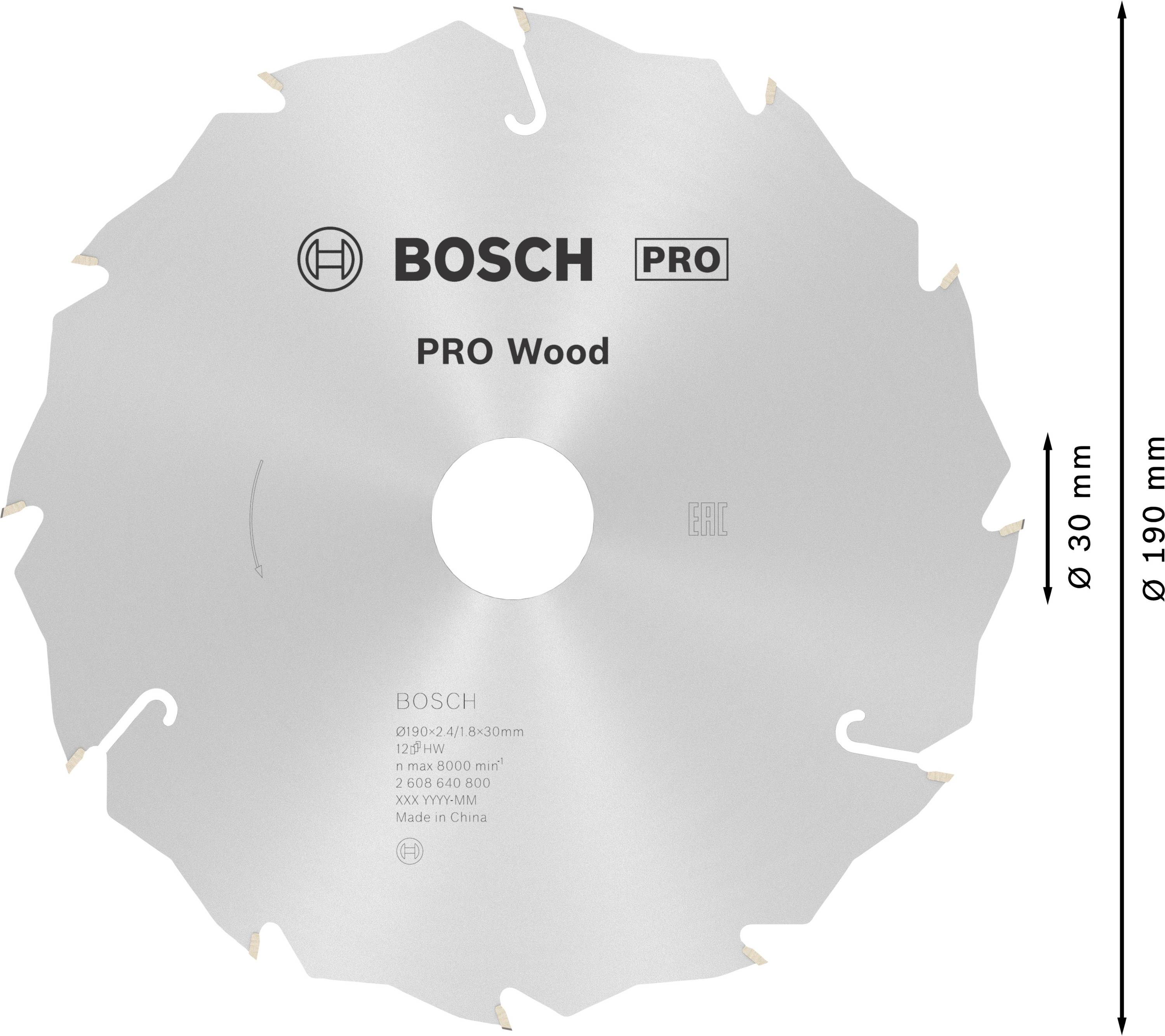 Lame de scie circulaire avec l'inscription 'BOSCH PRO Wood' et 'Ø 190 mm'. Elle a 12 dents et un diamètre de 190 mm.