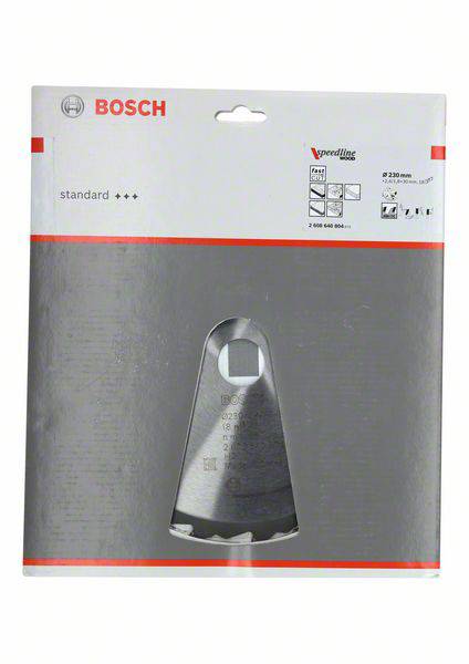Emballage d'une lame de scie Bosch. Contient des informations sur la taille et l'utilisation. Marquage 'standard +++' visible.