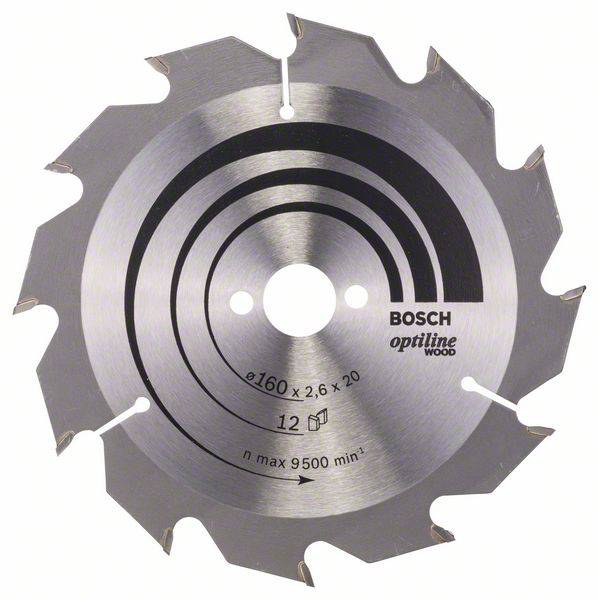 Lame de scie circulaire Bosch pour bois. Diamètre 160 mm, 12 dents, vitesse maximale 9500 tr/min.