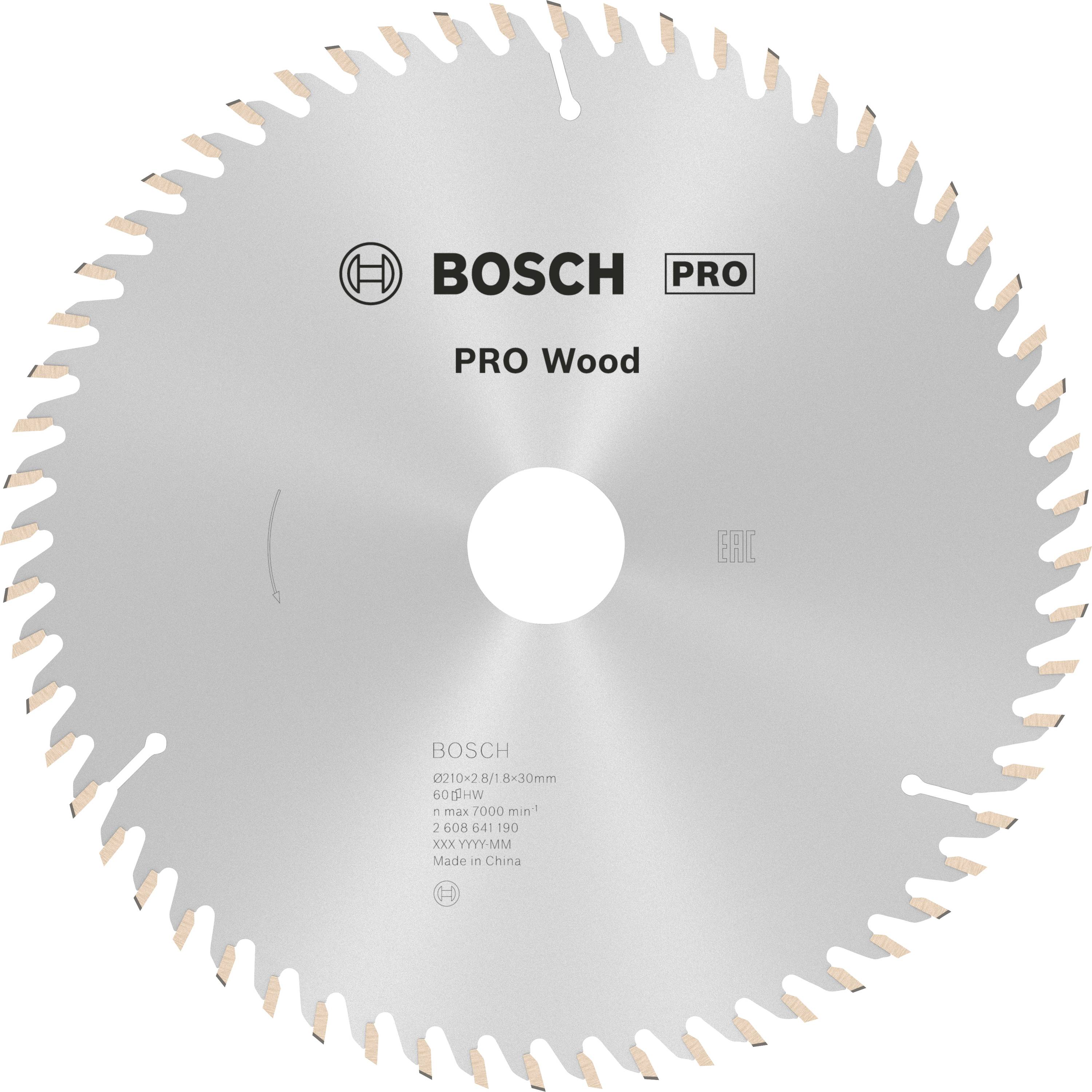 'Lame de scie de la marque Bosch, modèle PRO Wood, adaptée aux travaux de coupe de bois. Circulaire, argentée, avec des dents réparties uniformément.'