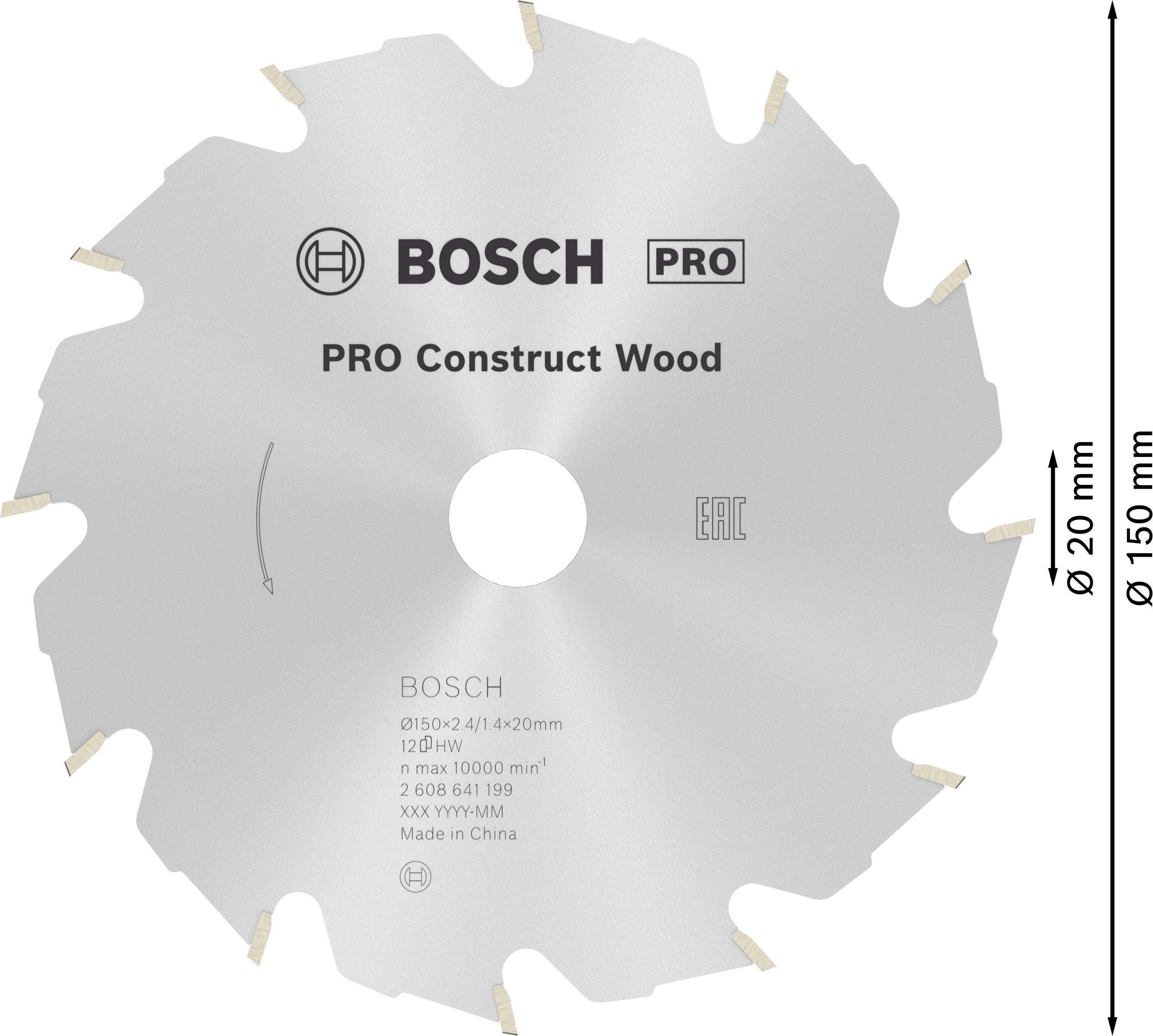 Lame de scie circulaire 'BOSCH PRO Construct Wood', Ø150 mm, pour constructions bois, 12 dents, Fabriqué en Chine.