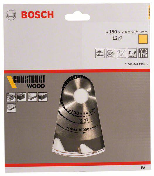 'Lame de scie Bosch pour bois de construction', 150 mm x 2,4 mm, alésage de 20/16 mm, 12 dents, image d'une lame de scie sur l'emballage.