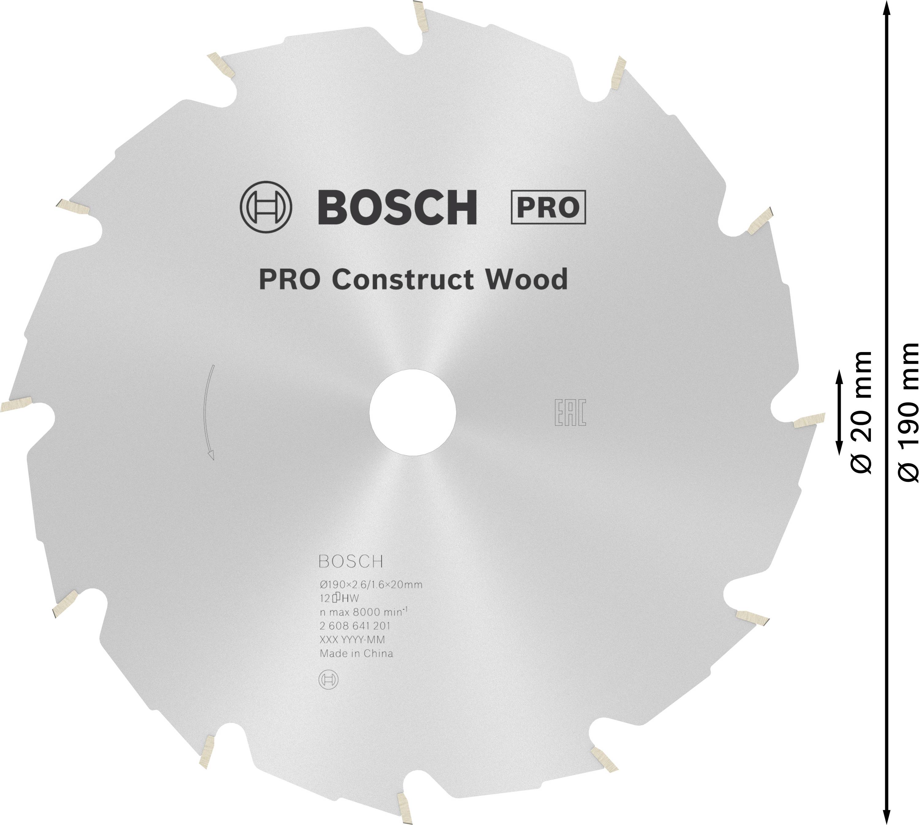 Lame de scie circulaire Bosch, modèle 'PRO Construct Wood', adaptée aux travaux du bois, diamètre : 200 mm, diamètre d'alésage : 30 mm.