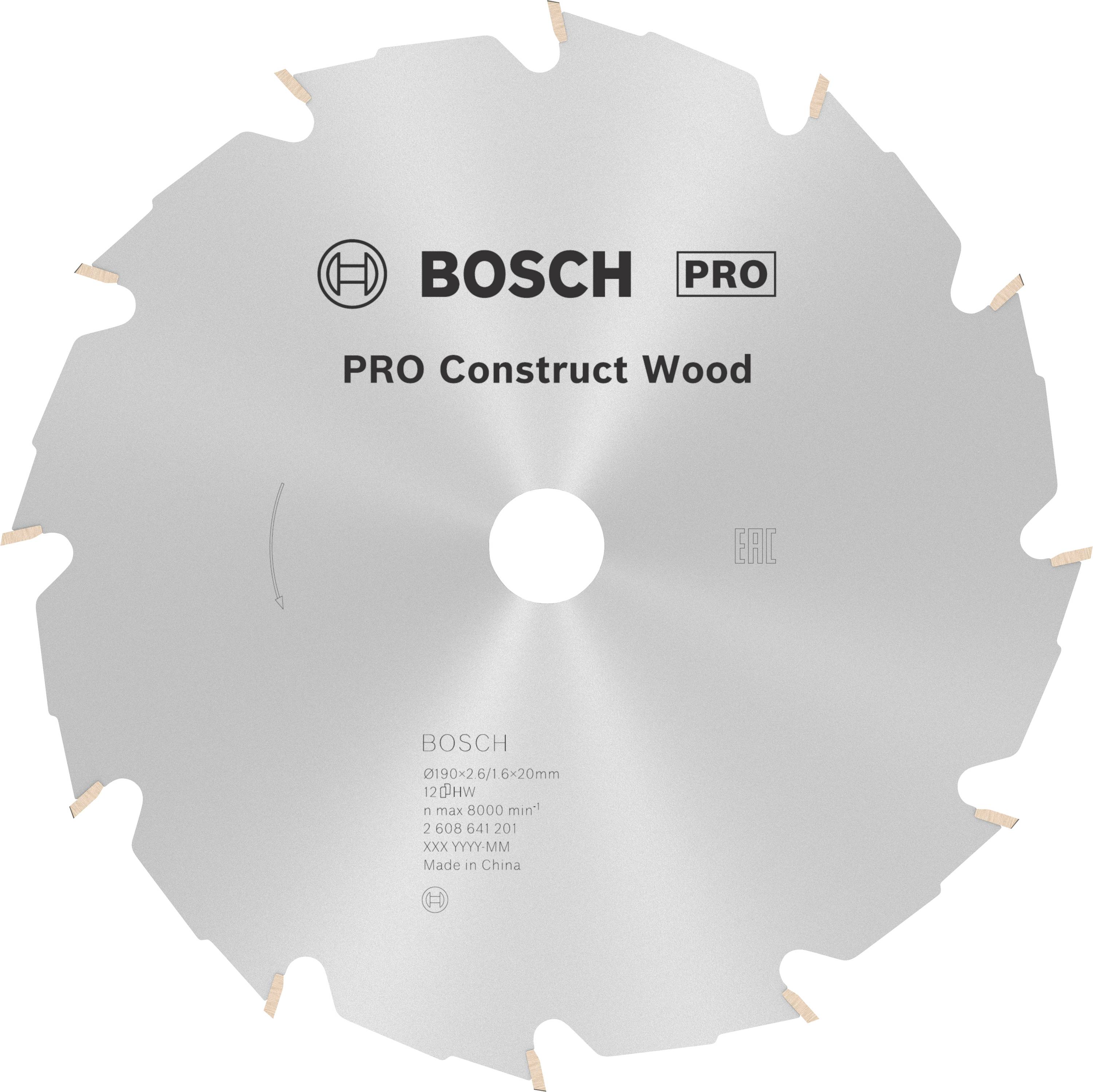 Lame de scie de la marque Bosch, modèle 'PRO Construct Wood', adaptée aux travaux de menuiserie. Contient des détails techniques tels que les dimensions et les performances.