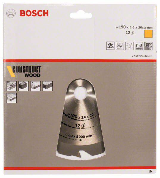 'Lame de scie circulaire Bosch pour bois, 190 x 2,6 x 20/16 mm. Adaptée pour le travail du bois. L'illustration montre l'emballage avec le design de la lame.'