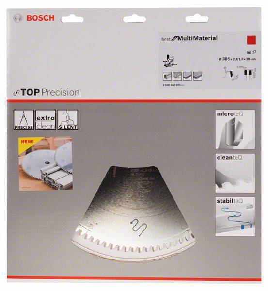 Emballage d'une lame de scie Bosch 'Top Precision' pour une coupe précise, silencieuse et propre, adaptée à divers matériaux.