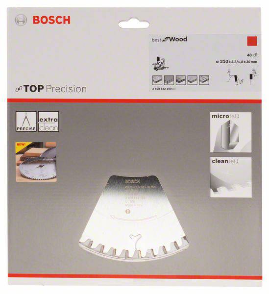 Emballage de produit pour une lame de scie Bosch, adaptée au bois, avec technologie 'extra clean'. La lame est représentée avec des informations produit.