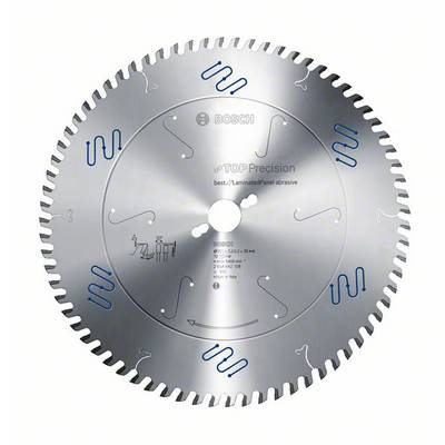 Lame de scie circulaire en métal avec des encoches bleues. Inscription 'TOP Precision'. Adaptée pour le bois et les stratifiés.