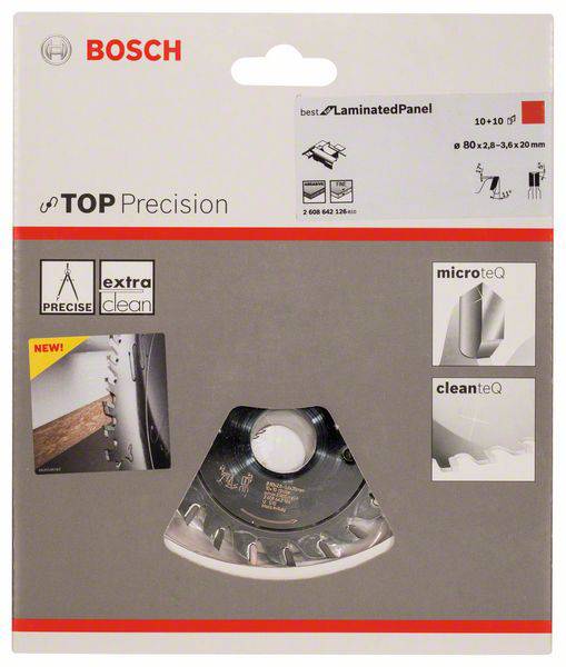 Un emballage d'une série de lames de scie Bosch 'TOP Precision'. Contient des informations sur l'utilisation sur des panneaux stratifiés.