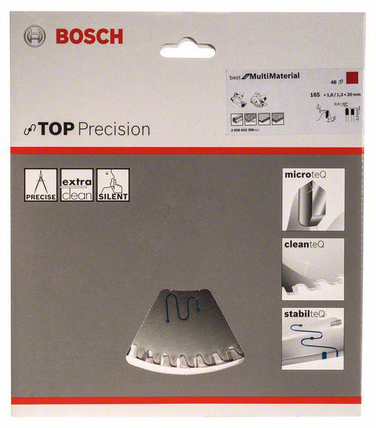 'Un emballage de lame de scie circulaire Bosch avec des inscriptions : Top Precision, 165 mm, extra propre, silencieux. Adapté à différents matériaux.'