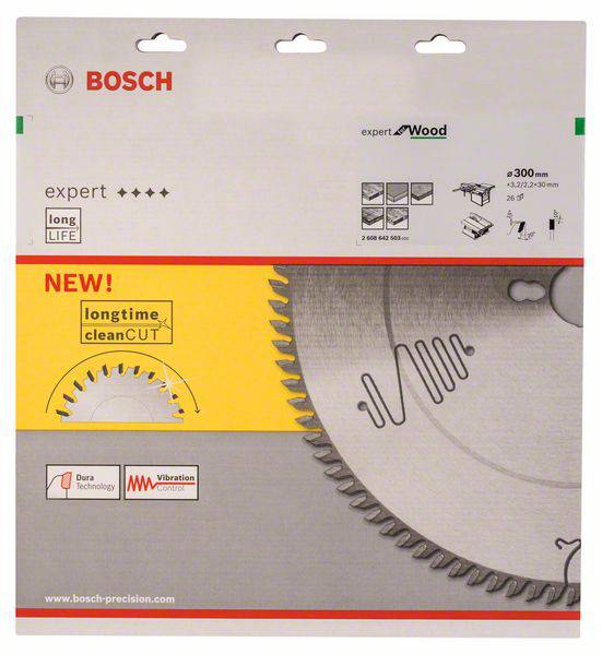 Emballage d'une lame de scie Bosch 'Expert for Wood'. Point fort : 'longtime cleanCUT'. Adapté aux travaux sur bois, diamètre de 300 mm.