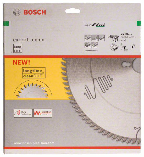 Emballage d'une lame de scie Bosch pour le bois. Contient des détails sur la taille : 250 mm, nombre de dents : 42. Mise en avant de la durabilité et de la précision.