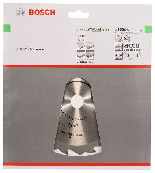 Un emballage pour une lame de scie à bois Bosch, montrant une image de la lame et des symboles indiquant des coupes rapides, l'utilisation sur batterie et les dimensions.