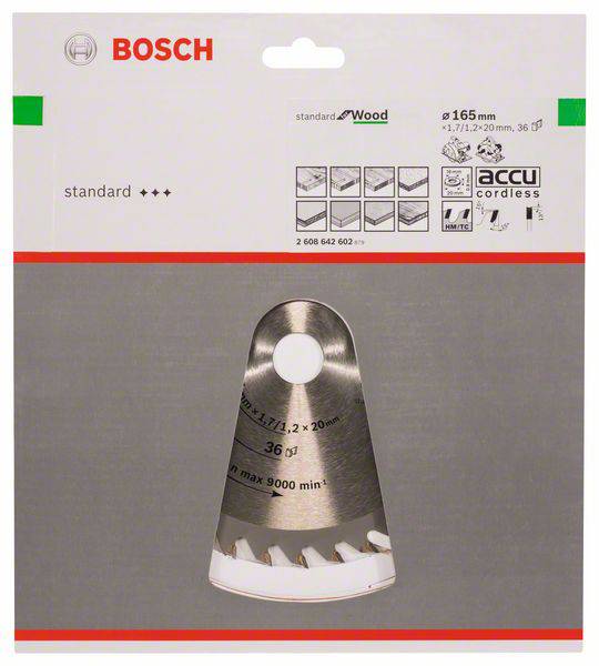 'Emballage de lame de scie Bosch pour bois, diamètre de 165 mm, alésage de 20 mm, 36 dents, adapté aux outils sans fil.'