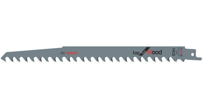 'Lame de scie sabre à grande denture, adaptée pour la coupe grossière du bois. Marquage : Bosch, Top for Wood, HCS.'