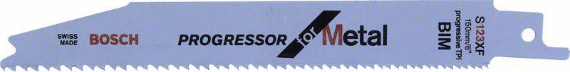 Lame de scie sabre avec marquage 'Bosch Progressor for Metal' et code produit 'S123XF', adaptée pour les coupes de métal.
