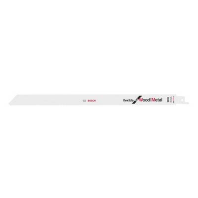 Lame de scie à métaux de la marque Bosch, marquée 'flexible for Wood & Metal'. Adaptée aux travaux sur bois et métaux.