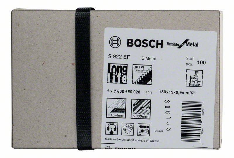 Emballage de produit pour lames métalliques Bosch, Modèle 'S 922 EF', 100 pièces. Contient des informations sur la taille et le matériau.