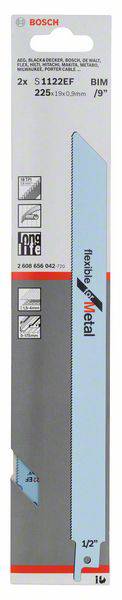 Emballage de lame de scie sabre Bosch, modèle S1122EF, convenant aux travaux sur métal, dimensions 225 mm x 1,1 mm, 2 pièces incluses.