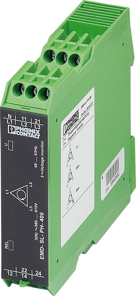 Relais de sécurité Green Phoenix Contact avec différents points de connexion, modèle EMD-SL-PH-400. Utilisé pour la surveillance des systèmes électriques.
