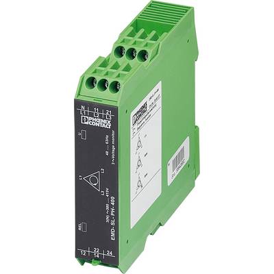 Relais de sécurité Green Phoenix Contact avec différents points de connexion, modèle EMD-SL-PH-400. Utilisé pour la surveillance des systèmes électriques.