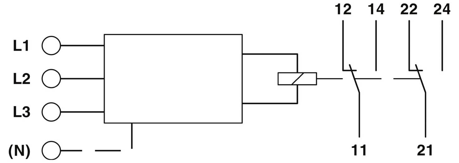 Schéma de câblage montrant les connexions : L1, L2, L3, N connectés à un commutateur ; les bornes numérotées incluent 11, 12, 14, 21, 22, 24.