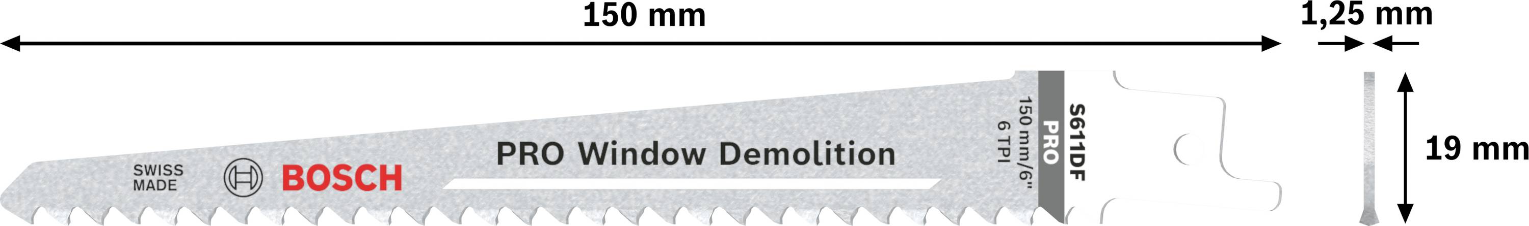 Lame de scie sabre pour démontage de fenêtres, longueur 150 mm, hauteur de denture 19 mm, hauteur de dent 1,25 mm, fabricant Bosch, nom du modèle PRO Window Demolition.