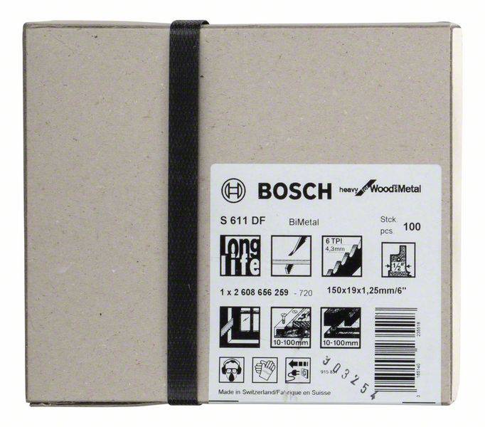Emballage de lames de scie Bosch, 'S 611 DF', adapté pour le bois et le métal, 100 pièces, détails du produit et symboles d'utilisation visibles.
