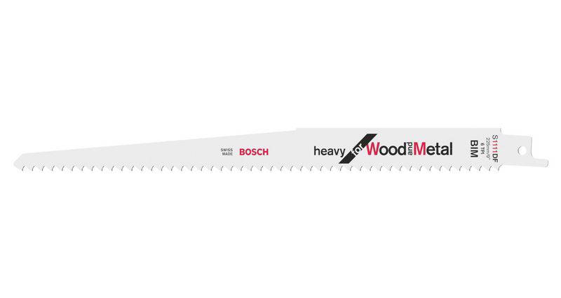 Lame de scie sabre pour scies alternatives, adaptée au bois et au métal, de la marque Bosch, identifiée par la référence 'heavy for Wood & Metal 1411x'.
