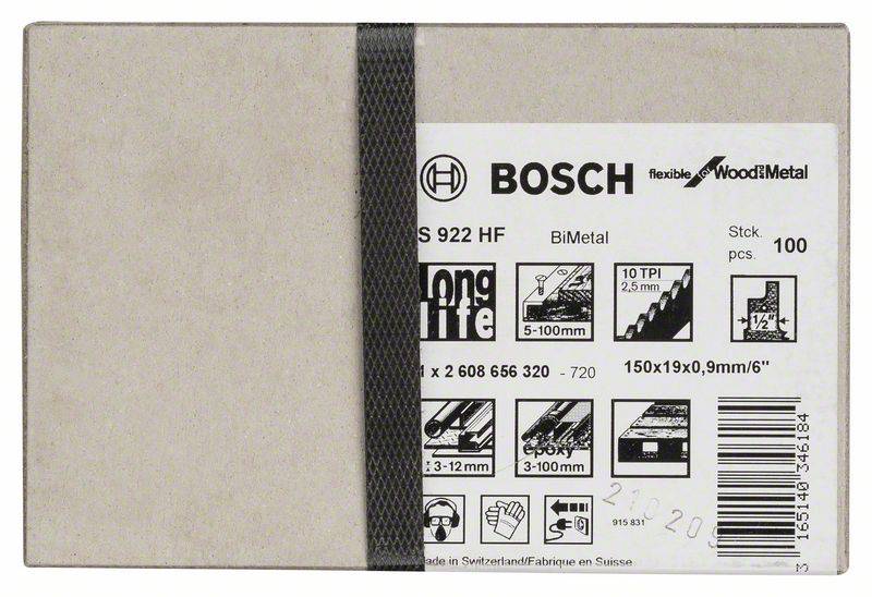 Boîte de carton avec le logo Bosch, contenant 100 lames de scie sauteuse flexibles pour bois et métal, 150 x 19 x 0,9 mm, 10 TPI.