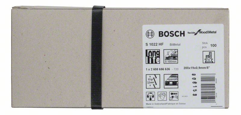 Emballage carton d'une lame de scie Bosch, modèle 'S 1022 HF' pour bois et métal. Informations sur les dimensions et la quantité : 100 pièces, 200x19x0,9 mm.