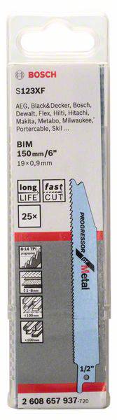 Lot de lames de scie sabre Bosch, modèle S123XF, pour métal, longueur 150 mm, 25 pièces. Compatible avec différentes marques.