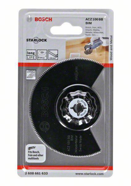 'Lame de scie Bosch Starlock ACZ 100 BB pour bois et métal. Diamètre : 100 mm, Largeur : 1,9 mm. Compatible avec Bosch et autres multitools.'