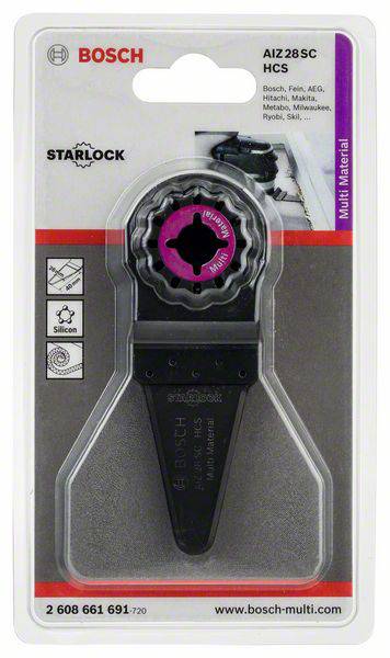 Emballage d'une lame de scie Bosch Starlock multi-matériaux, modèle AIZ 28 SC HCS, présentée dans un emballage en plastique avec des détails du produit.